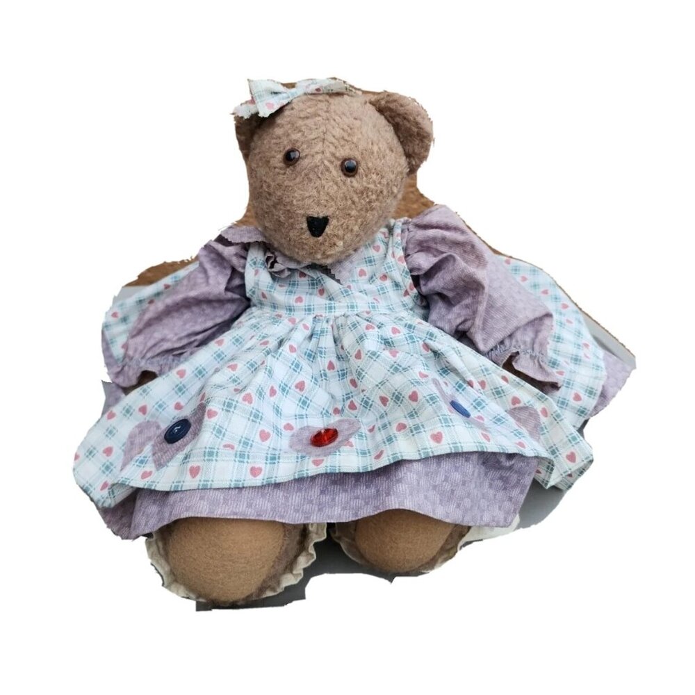 VTG Bonnie Merrit Mohair Light Brown 17" Teddy Bear Toy In Heart Button Dress